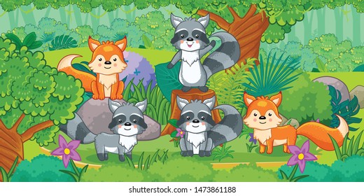 Cartoon of the beautiful landscape with different animals