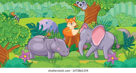 Cartoon of the beautiful landscape with different animals