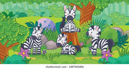 Cartoon of the beautiful landscape with zebra