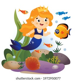 Cartoon beautiful little mermaid. Marine princess. Underwater world. Coral reef with fishes, pearl shells and sea star. Colorful vector illustration for kids.