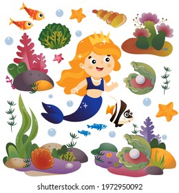 Cartoon beautiful little mermaid. Marine princess. Underwater world. Coral reef with fishes, pearl shells and sea star. Colorful vector set for kids.