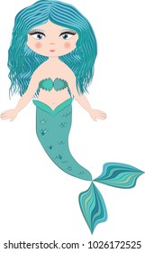 Cartoon beautiful little mermaid in a wreath. Siren. Sea theme. vector illustration on a white background.