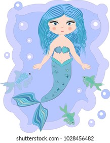 Cartoon beautiful little mermaid in a wreath. Siren. Sea theme. vector illustration on a white background.