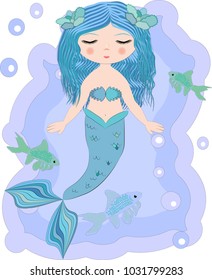 Cartoon beautiful little mermaid in a wreath. Siren. Sea theme. vector illustration on a white background.