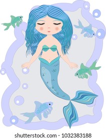 Cartoon beautiful little mermaid in a wreath. Siren. Sea theme. vector illustration on a white background.