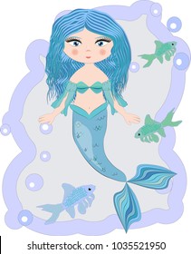 Cartoon beautiful little mermaid in a wreath. Siren. Sea theme. vector illustration on a white background.