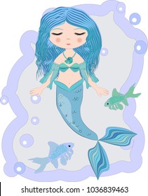 Cartoon beautiful little mermaid in a wreath. Siren. Sea theme. vector illustration on a white background.