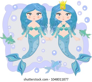 Cartoon beautiful little mermaid in a wreath. Siren. Sea theme. vector illustration on a white background.