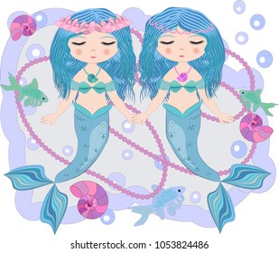 Cartoon beautiful little mermaid in a wreath. Siren. Sea theme. vector illustration on a white background.