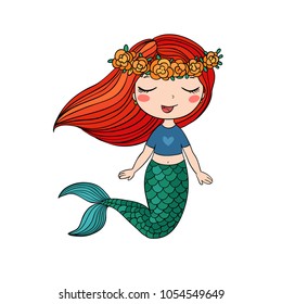 Cartoon beautiful little mermaid in a wreath. Siren. Sea theme. vector illustration on a white background.