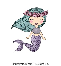 Cartoon beautiful little mermaid in a wreath. Siren. Sea theme. vector illustration on a white background.