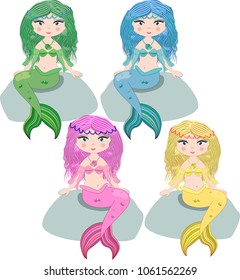 Cartoon beautiful little mermaid in a wreath. Siren. Sea theme. vector illustration on a white background.