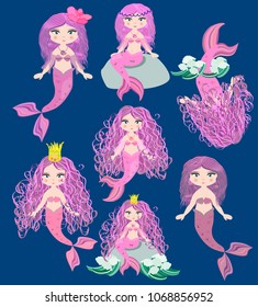 Cartoon beautiful little mermaid in a wreath. Siren. Sea theme. vector illustration on a white background.