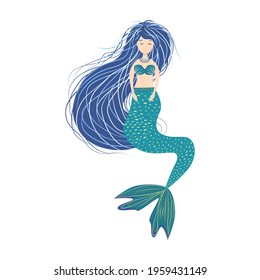 Cartoon beautiful little mermaid in a wreath. Siren. Sea theme. illustration on a white background