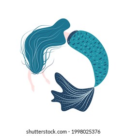 Cartoon beautiful little mermaid in a wreath. Siren. Sea theme. illustration on a white background