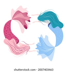 Cartoon beautiful little mermaid in a wreath. Siren. Sea theme. illustration on a white background