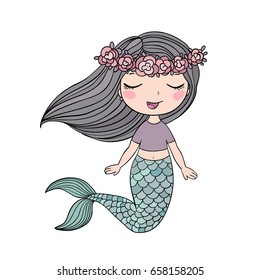 Cartoon beautiful little mermaid in a wreath. Siren. Sea theme. vector illustration on a white background.