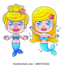 Cartoon beautiful little mermaids in a wreath. Siren. Sea theme. vector illustration on a white background.