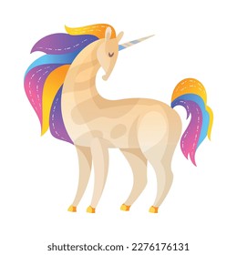 Cartoon beautiful magical unicorn with colorful hair vector illustration