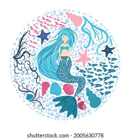 Cartoon beautiful mermaid with developing hair in a circle of seashells, algae, bubbles. Siren. Marine theme. Hand drawn, detailed