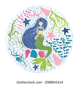 Cartoon beautiful mermaid with developing hair in a circle of seashells, algae, bubbles. Siren. Marine theme. Hand drawn, detailed