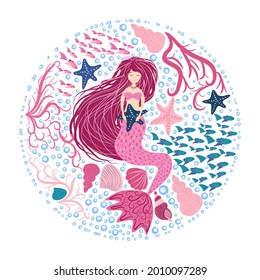 Cartoon beautiful mermaid with developing hair in a circle of seashells, algae, bubbles. Siren. Marine theme. Hand drawn, detailed