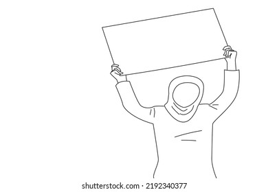 Cartoon of beautiful muslim businesswoman holding blank billboard over her head. Isolated on white background. Line art style

