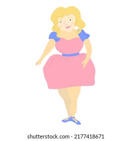 Cartoon Beautiful overweight girl standing in front view wearing pink dress. Vector illustration flat isolate