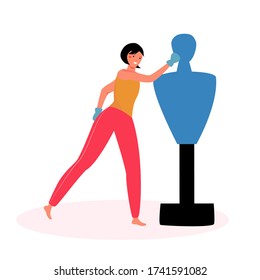 Cartoon Beautiful Portrait Of Kickboxing Girl On A Flat Vector Background. Fitness Training Online At Home. A Young Woman In Sportswear Is Training. The Concept Of Martial Arts And Modern Technology