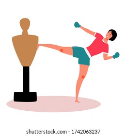 Cartoon Beautiful Portrait Of Kickboxing Girl On A Flat Vector Background. Fitness Training Online At Home. A Young Woman In Sportswear Is Training. The Concept Of Martial Arts And Modern Technology