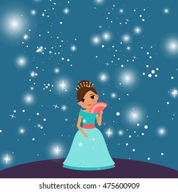 cartoon Beautiful princess with lights on the dark blue background. Vector illustration