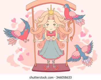 Cartoon beautiful princess who standing on swing with birds on flowers background. Vector hand drawn illustration.