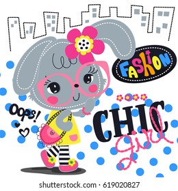 Cartoon beautiful rabbit girl wearing glasses and pink flower headband with chic outfit walking in city street on polka dot background illustration vector.