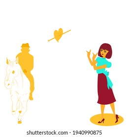 Cartoon beautiful Slender young girl,sweet,short red hair  woman wearing light blue shirt and crimson skirt show love symbol both hands to man silhouette man riding horse . Vector isolate flat design.