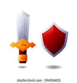 Cartoon beautiful sword and shield for mobile game vector illustration
