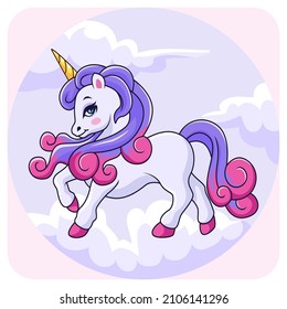 Cartoon beautiful unicorn head is on the cloud