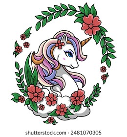 Cartoon beautiful unicorn head is on the cloud with beautiful flowers