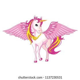 Cartoon beautiful unicorn with rainbow mane on white background. Children's illustration suitable for print and sticker. Isolated image with magic horse or pony. Fairytale animal. Wonderland. Vector.