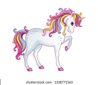 Cartoon beautiful unicorn with rainbow mane on white background. Children's illustration suitable for print and sticker. Isolated image with magic horse or pony. Fairytale animal. Wonderland. Vector.