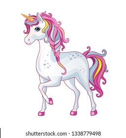 Cartoon beautiful unicorn with rainbow mane on white background. Children's illustration suitable for print and sticker. Isolated image with magic horse or pony. Fairytale animal. Wonderland. Vector.