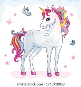 	
Cartoon beautiful unicorn with rainbow mane on white background. Children's illustration suitable for print and sticker. Isolated image with white horse, butterflies, stars. Magic. Wonderland. Vecto