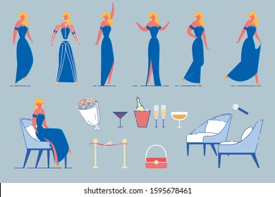 Cartoon Beautiful Woman Celebrity or Movie Star Character in Different Poses and Gestures Set. Media Female Person - Actress or Singer with Furniture and other Items. Flat Vector Illustration Isolated