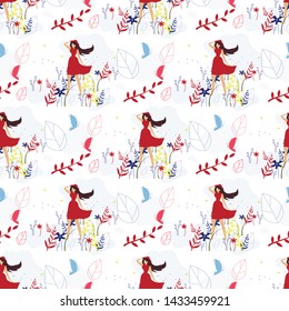 Cartoon Beautiful Woman Character in Elegant Casual Red Dress over Foliage Backdrop. Flat Seamless Pattern in Floral Style. Endless Vector Repeat Illustration. Abstract Texture for Wallpapers