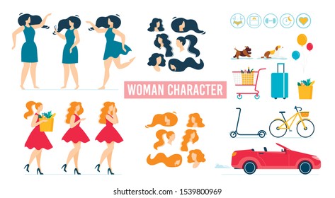 Cartoon Beautiful Woman Character Wearing Elegant Dress Vector Animated Set. Front, Side, Back View. Female Body Parts, Different Poses, Hairstyle, Accessories, Transport. Vector Flat Illustration