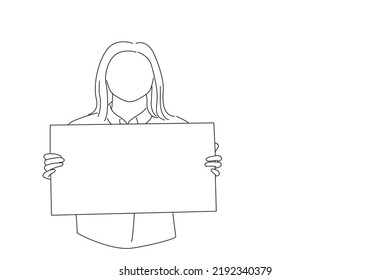 Cartoon of beautiful woman holding a blank billboard isolated. Oneline art drawing style
