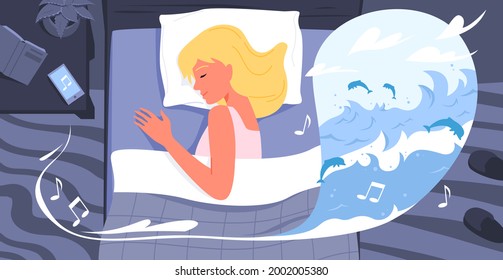 Cartoon beautiful young woman character lying in bed in bedroom interior, listening to relax music background. Happy healthy sleeping girl, calm music in phone player, relaxation vector illustration.