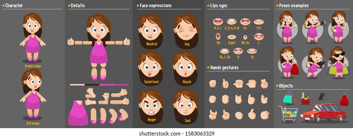 Cartoon beautiful young woman constructor for animation. Parts of body: legs, arms, face emotions, hands gestures, lips sync. Full length, front, three quater view. Set of ready to use poses, objects.