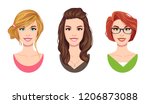 Cartoon beautifull young women portraits. Short and long hair, glassesvector illustration. Women face avatar set isolated on white background