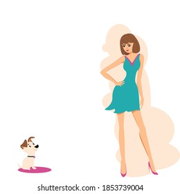 Cartoon beautiful,sweet,short hair  woman wearing light blue dress,pink high heels is standing with small cute dog. Slender young girl ,brown hair with pet on white background. Vector isolate flat.