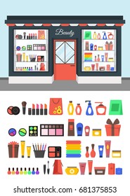 Cartoon Beauty Cosmetics Store Showcase with Products and Element Set for Woman Flat Design Style. Vector illustration